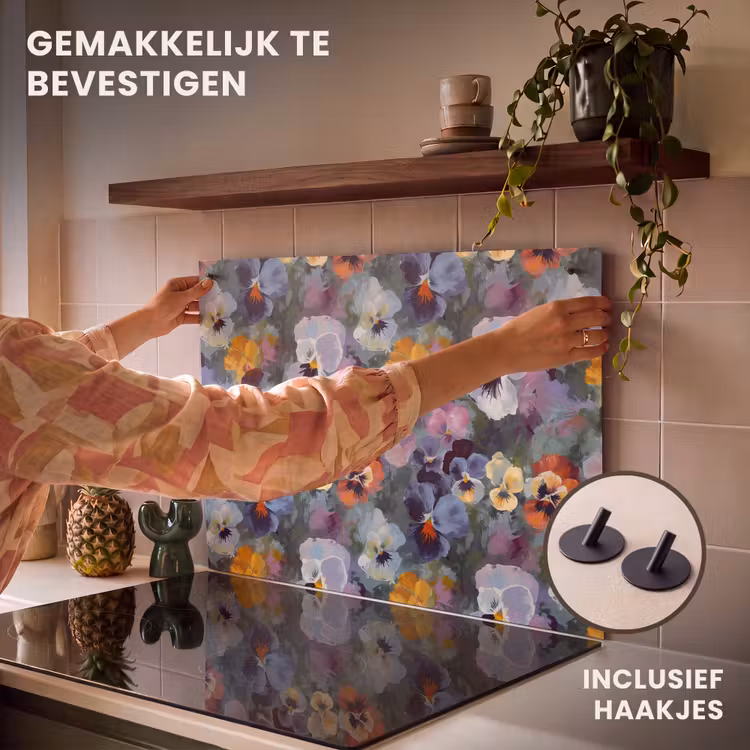 Inductie beschermer en spatscherm (2in1) - Pastel - Viooltjes - Groen - Patroon — 7