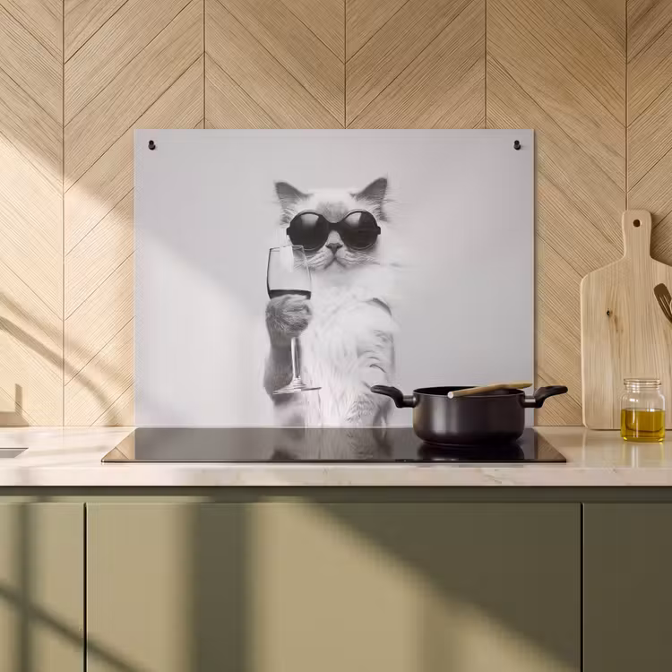 Inductie beschermer en spatscherm (2in1) - Kat - Zonnebril - Wijnglas - Langharig — 2