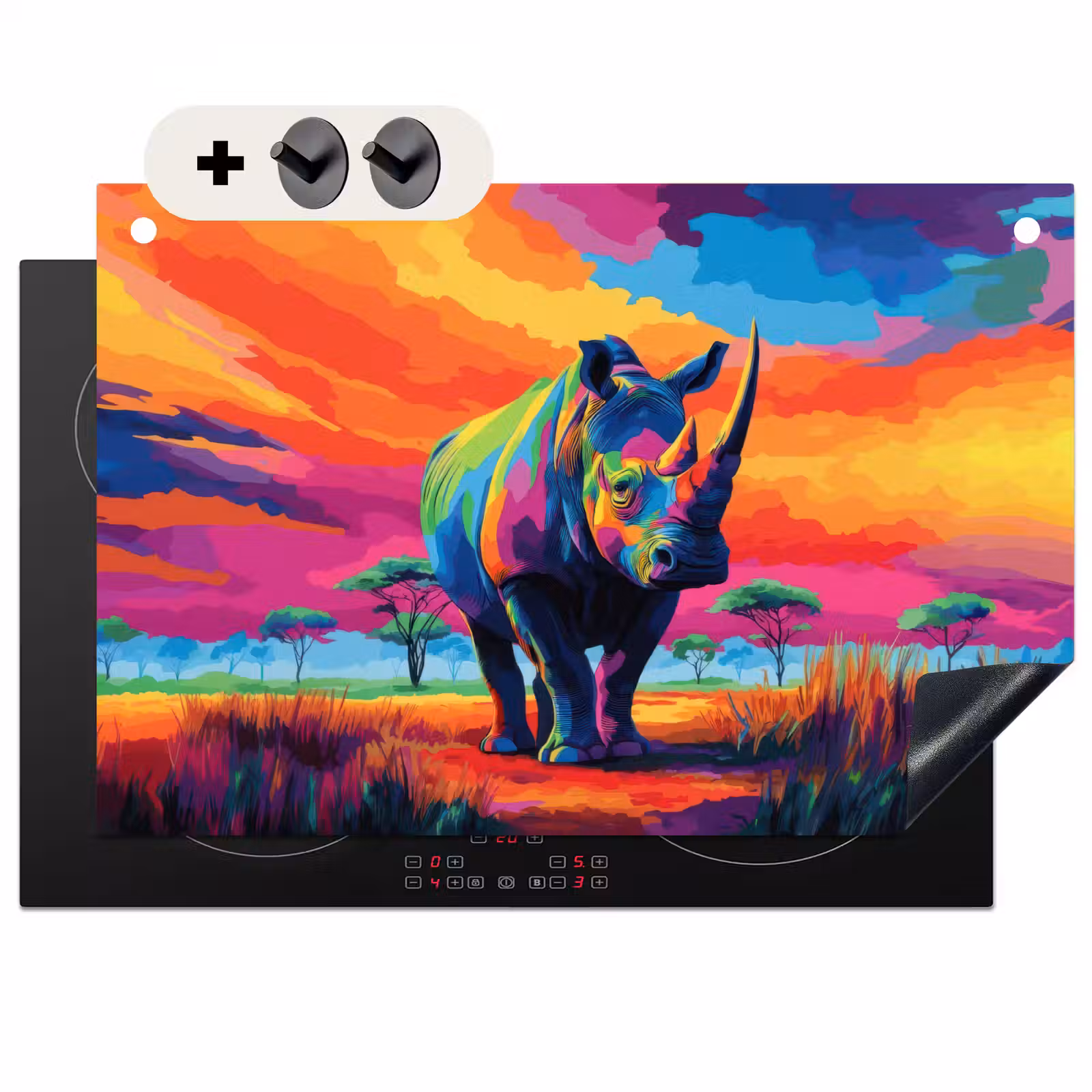 Inductie beschermer en spatscherm (2in1) - Neushoorn - Zonsondergang - Savanna - Kleurrijk — 1