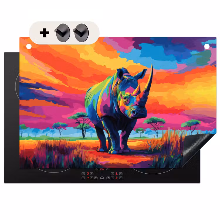 Inductie beschermer en spatscherm (2in1) - Neushoorn - Zonsondergang - Savanna - Kleurrijk — 1