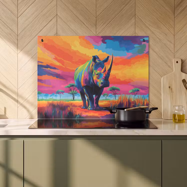 Inductie beschermer en spatscherm (2in1) - Neushoorn - Zonsondergang - Savanna - Kleurrijk — 2