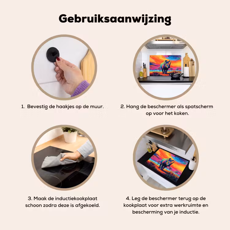 Inductie beschermer en spatscherm (2in1) - Neushoorn - Zonsondergang - Savanna - Kleurrijk — 6