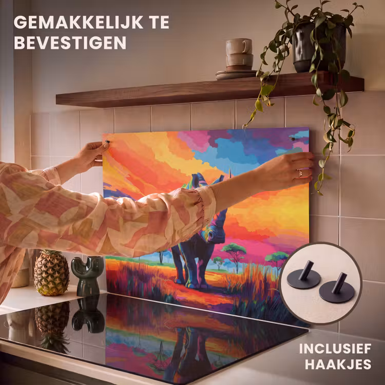 Inductie beschermer en spatscherm (2in1) - Neushoorn - Zonsondergang - Savanna - Kleurrijk — 7
