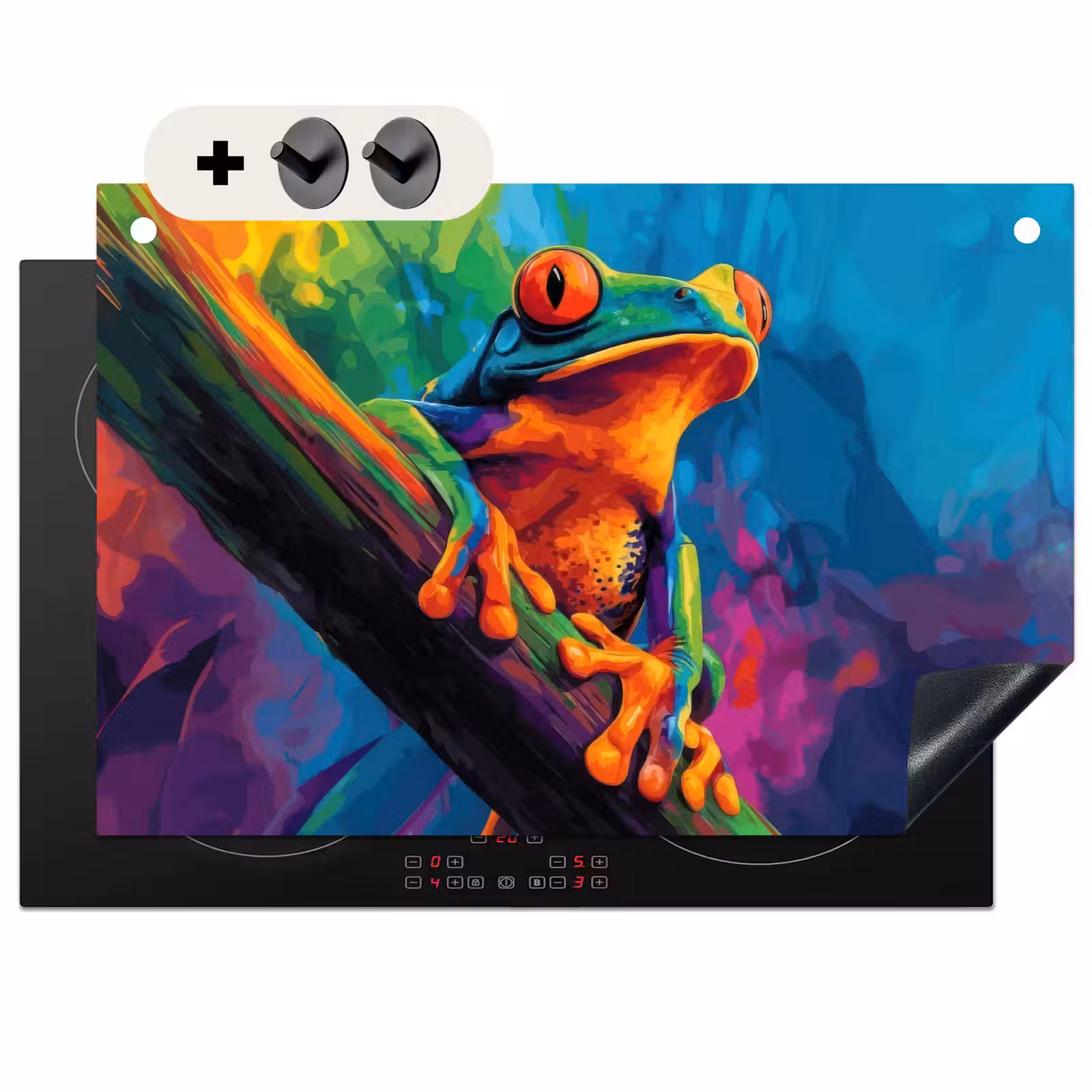 Inductie beschermer en spatscherm (2in1) - Kikker - Felgekleurd - Tak - Regenboog — 1