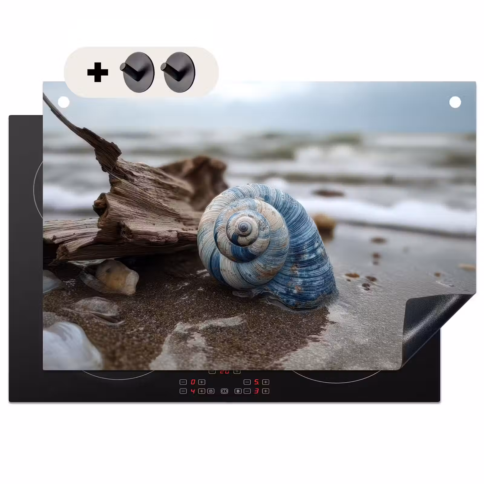 Inductie beschermer en spatscherm (2in1) - Schelp - Strand - Blauw - Zee — 1