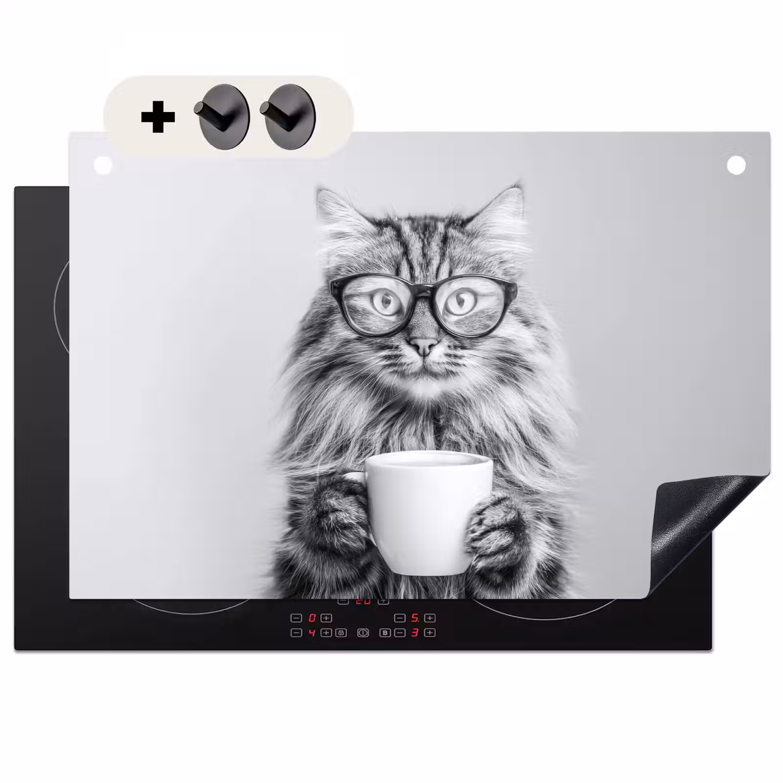 Inductie beschermer en spatscherm (2in1) - Kat - Bril - Mok - Pluizig — 1
