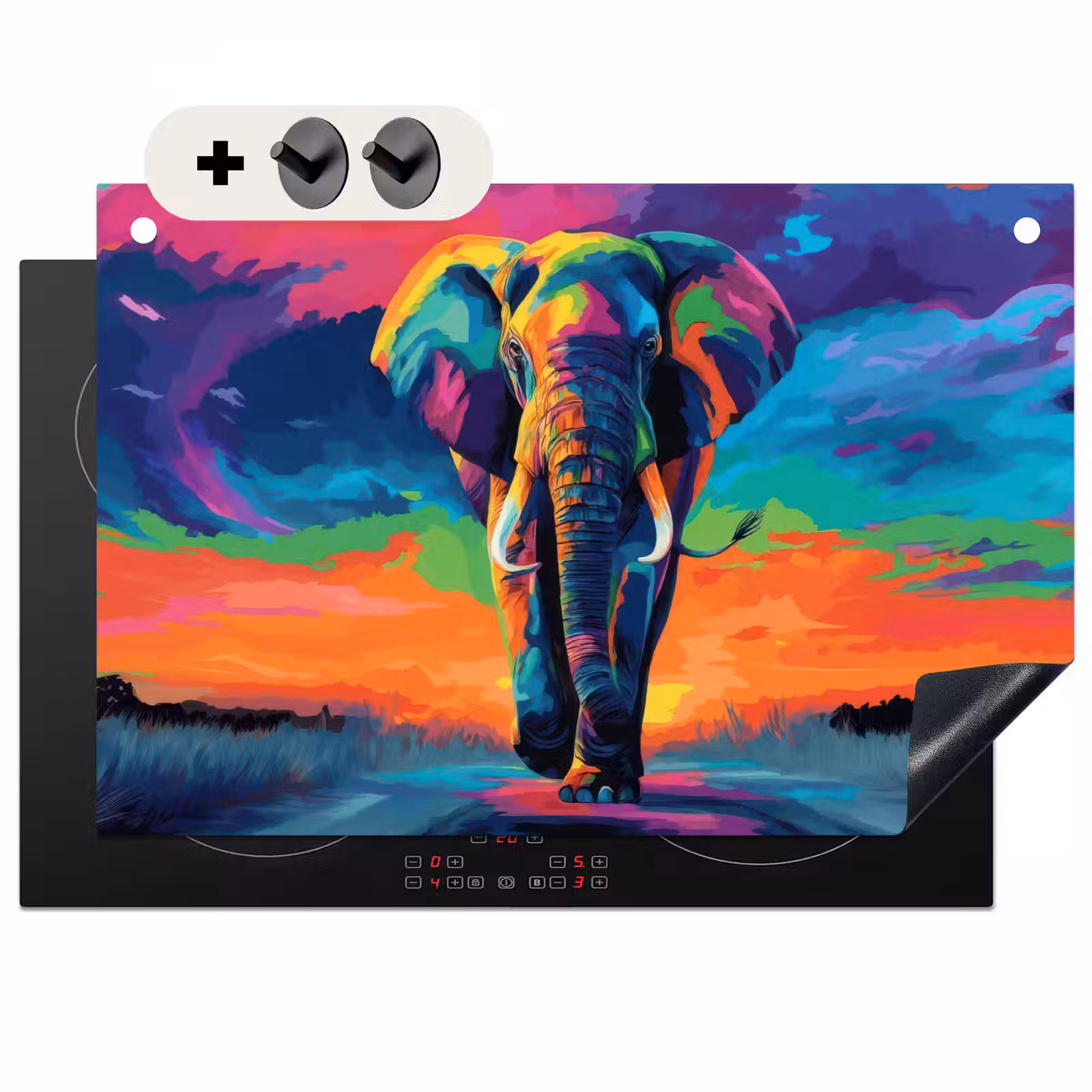 Inductie beschermer en spatscherm (2in1) - Olifant - Kleurrijk - Lucht - Abstract — 1