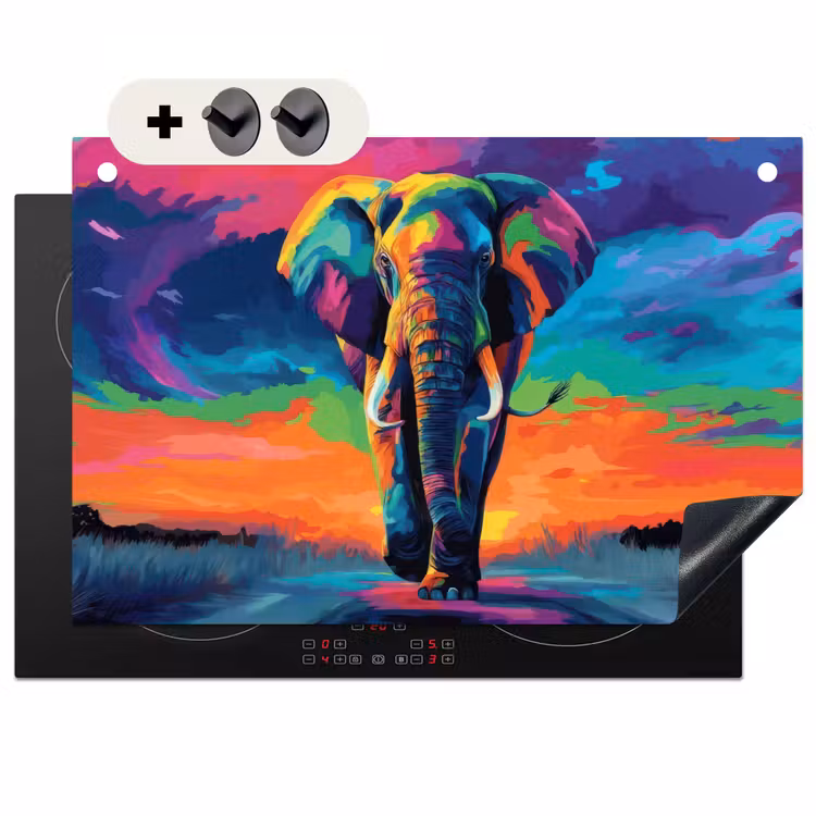 Inductie beschermer en spatscherm (2in1) - Olifant - Kleurrijk - Lucht - Abstract — 1