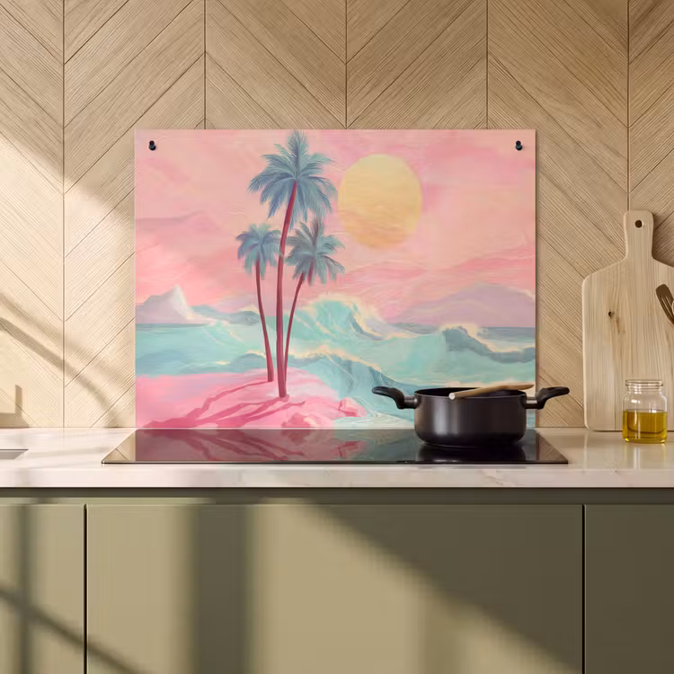 Inductie beschermer en spatscherm (2in1) - Palmbomen - Golven - Zee — 2