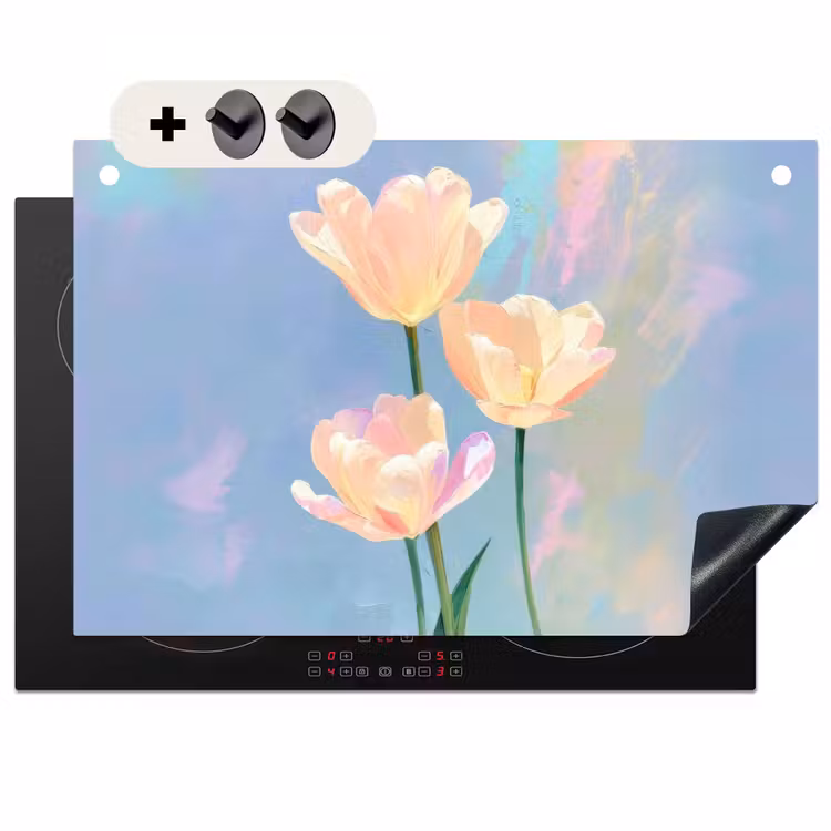 Inductie beschermer en spatscherm (2in1) - Tulpen - Roze accenten - Blauw — 1