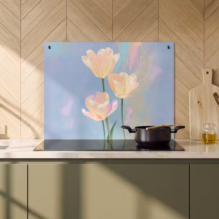 Inductie beschermer en spatscherm (2in1) - Tulpen - Roze accenten - Blauw — 2