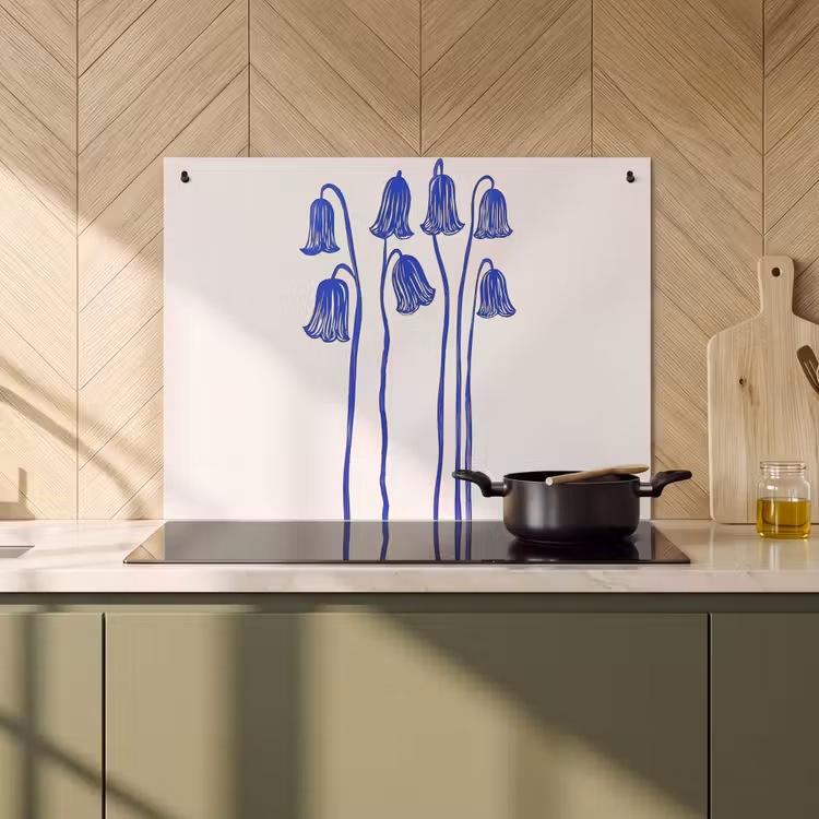 Inductie beschermer en spatscherm (2in1) - Bloemen - Blauw - Lijnen - Bloemblaadjes — 2