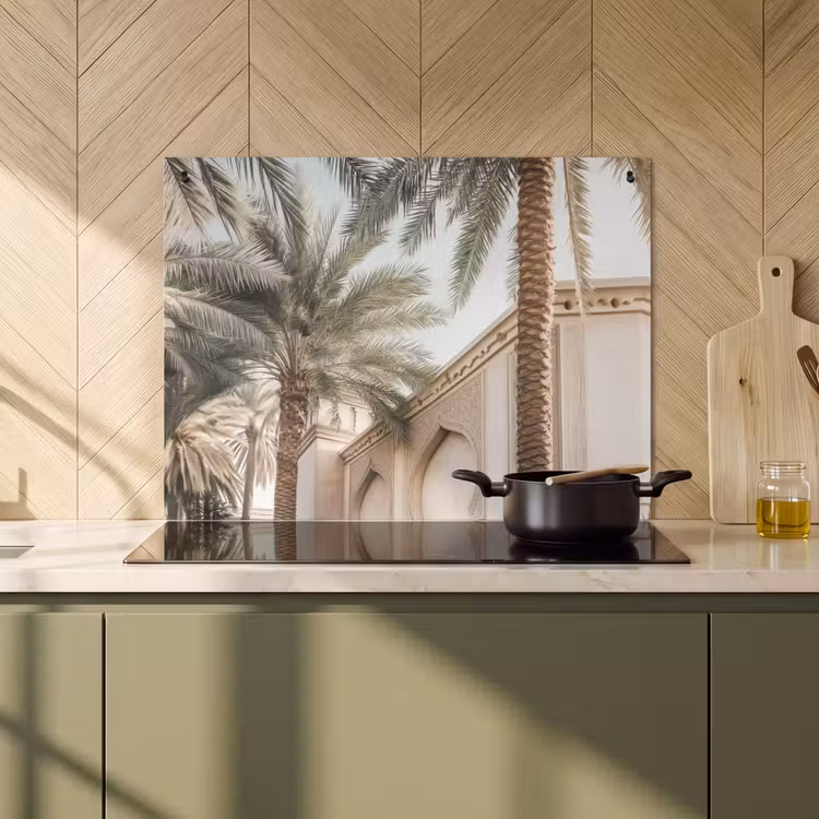 Inductie beschermer en spatscherm (2in1) - Gebouw - Palmbomen - Beige - Zon — 2