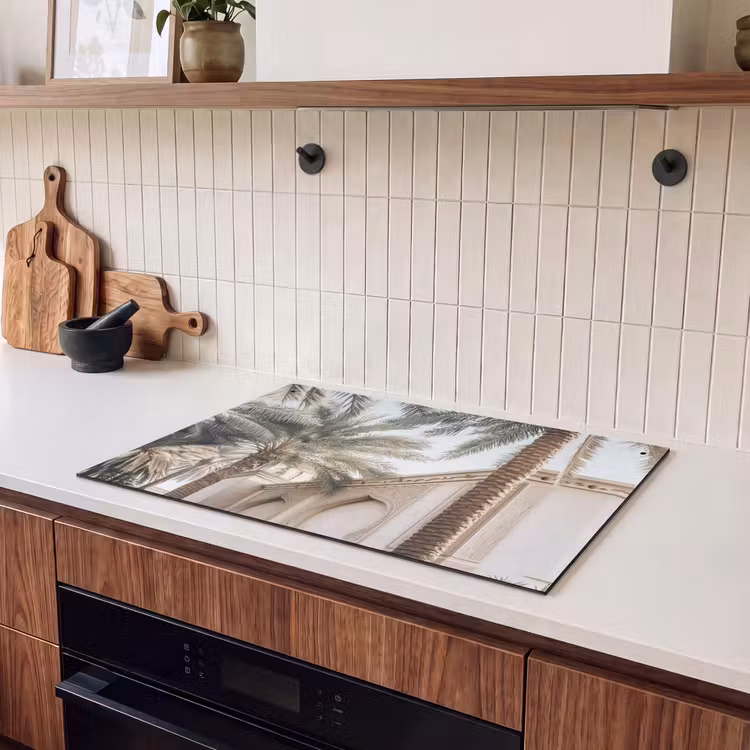 Inductie beschermer en spatscherm (2in1) - Gebouw - Palmbomen - Beige - Zon — 3