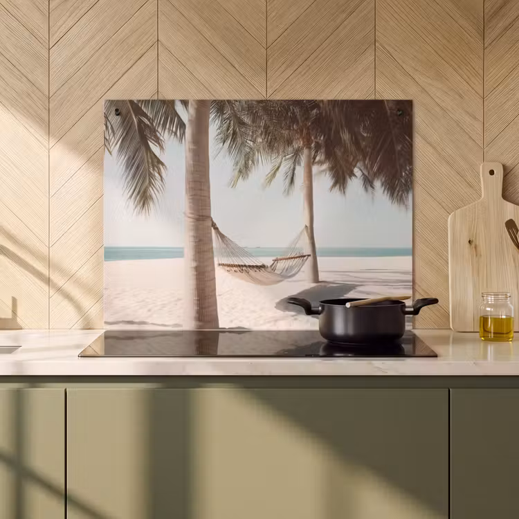 Inductie beschermer en spatscherm (2in1) - Hangmat - Palmbomen - Strand - Zee — 2