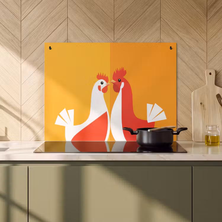 Inductie beschermer en spatscherm (2in1) - Kippen - Oranje - Vlakken — 2