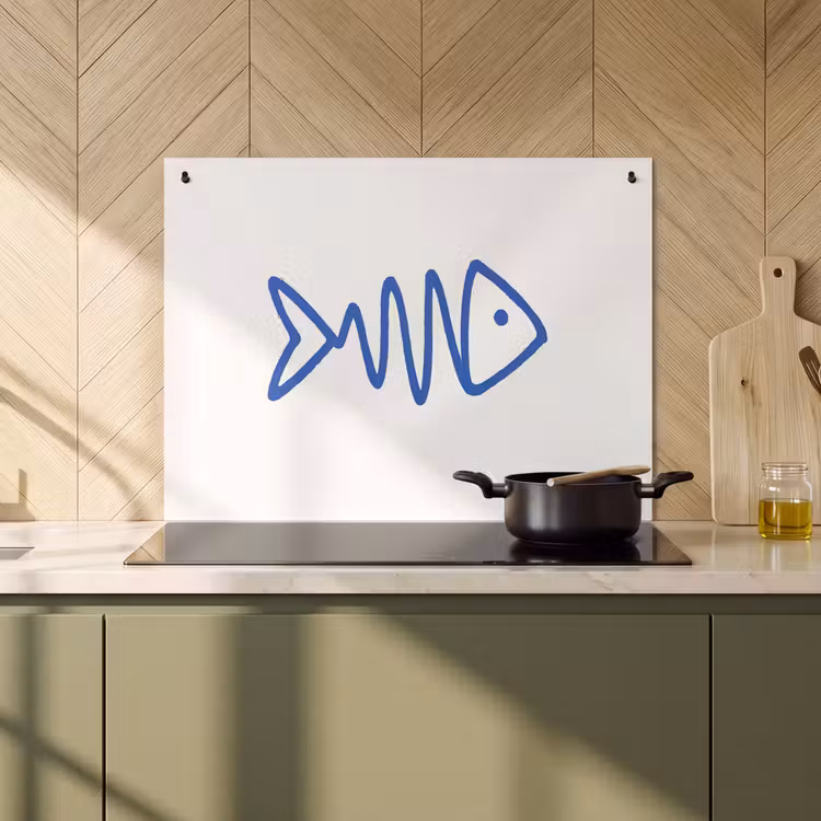 Inductie beschermer en spatscherm (2in1) - Vis - Minimalistisch - Blauw - Lijn — 2
