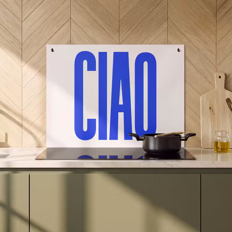 Inductie beschermer en spatscherm (2in1) - Ciao - Hoofdletters - Blauw - Minimalistisch — 2