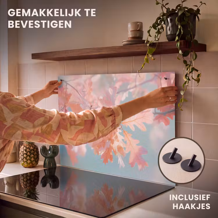 Inductie beschermer en spatscherm (2in1) - Eikenbladeren - Takken - Roze — 7