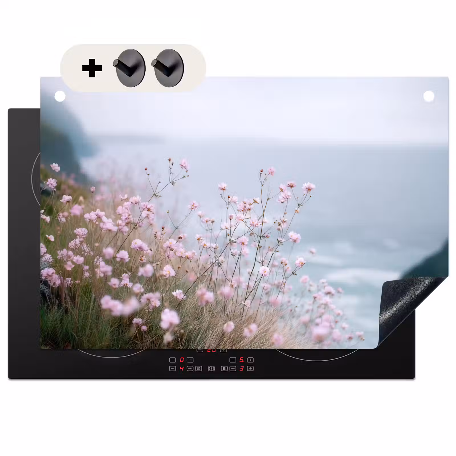 Inductie beschermer en spatscherm (2in1) - Klif - Bloemen - Zee - Roze — 1