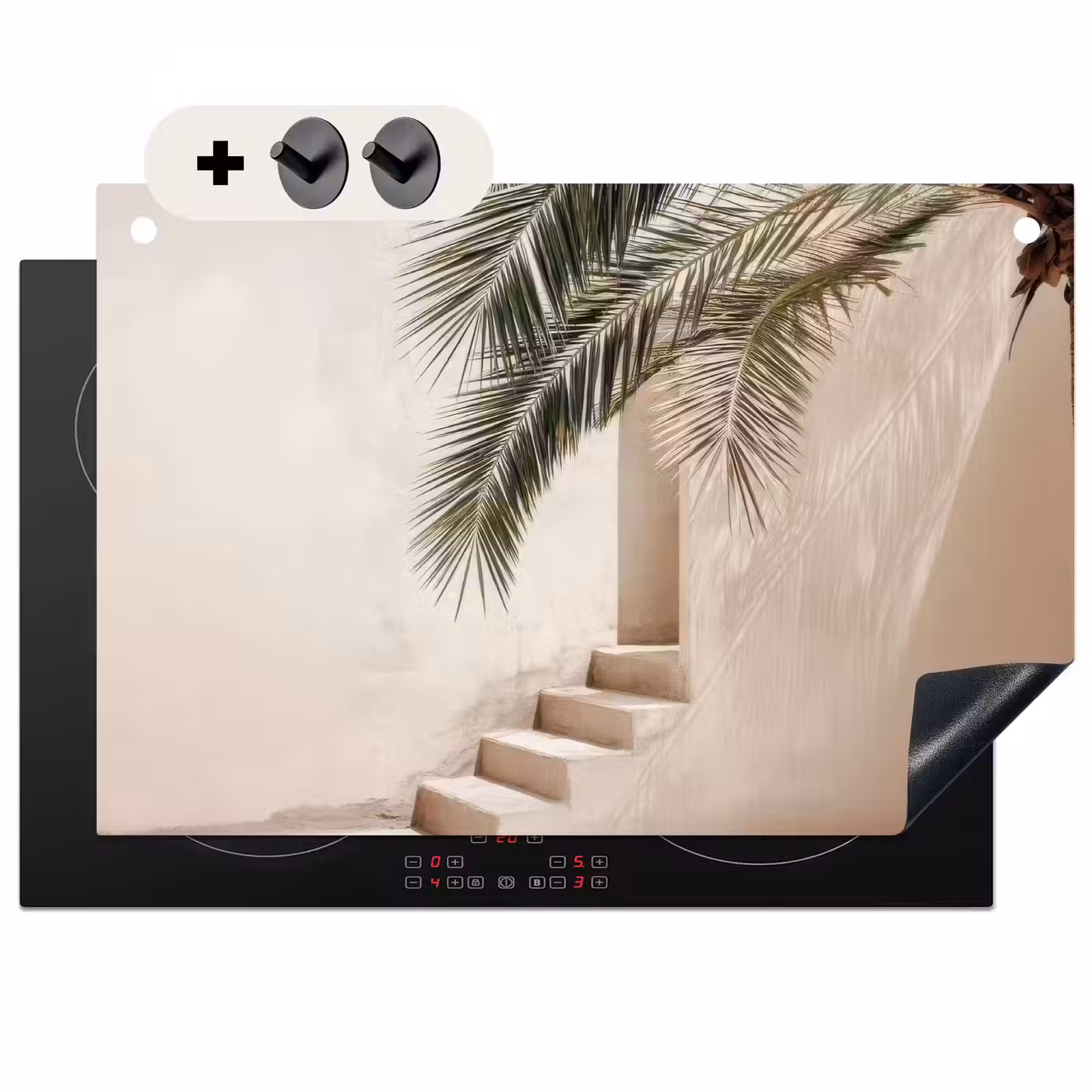 Inductie beschermer en spatscherm (2in1) - Palmboom - Schaduw - Trap - Beige — 1