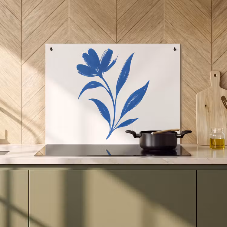 Inductie beschermer en spatscherm (2in1) - Bloem - Blaadjes - Minimalistisch - Blauw — 2