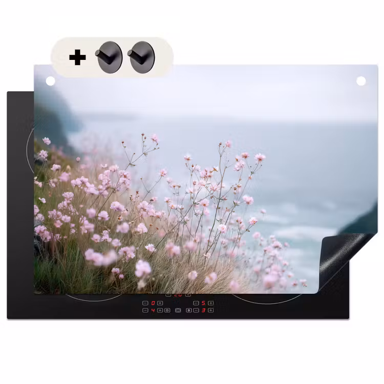 Inductie beschermer en spatscherm (2in1) - Klif - Bloemen - Zee - Roze — 1