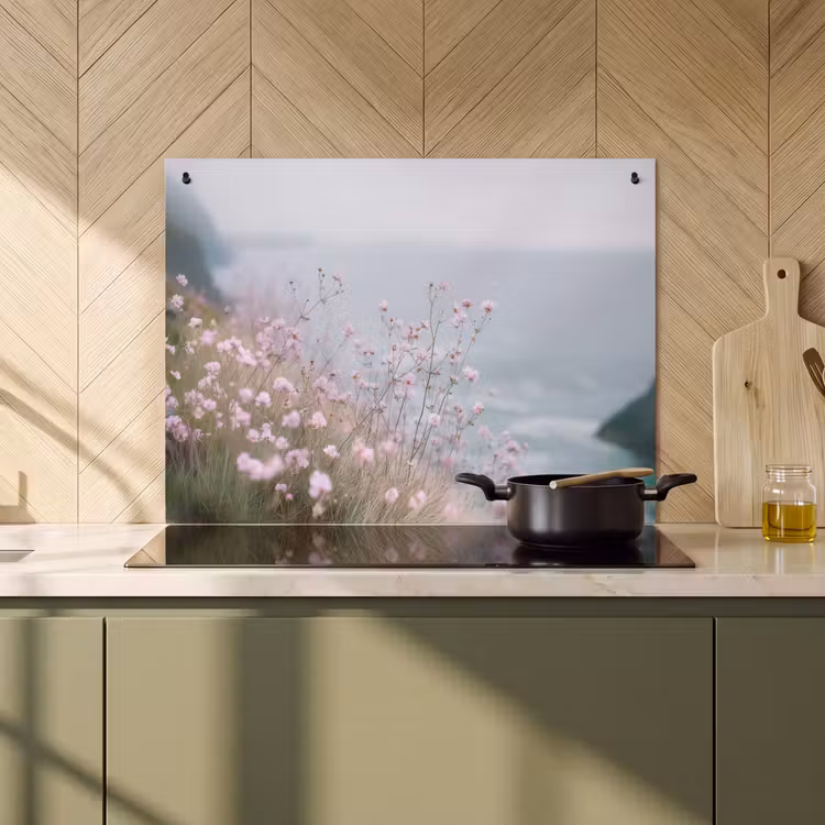 Inductie beschermer en spatscherm (2in1) - Klif - Bloemen - Zee - Roze — 2