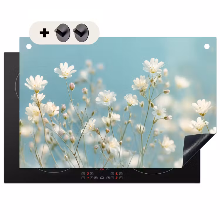 Inductie beschermer en spatscherm (2in1) - Stengels - Bloemen - Lucht - Wit — 1