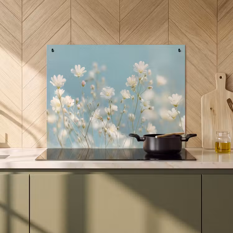 Inductie beschermer en spatscherm (2in1) - Stengels - Bloemen - Lucht - Wit — 2