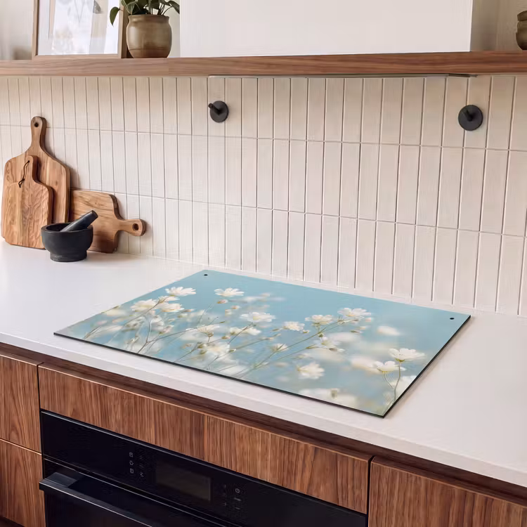 Inductie beschermer en spatscherm (2in1) - Stengels - Bloemen - Lucht - Wit — 3