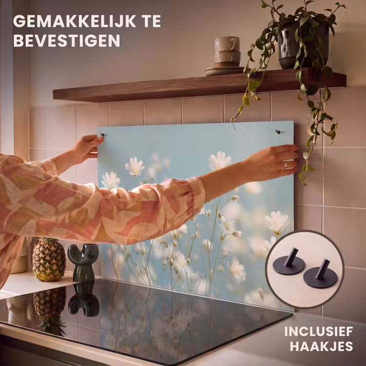 Inductie beschermer en spatscherm (2in1) - Stengels - Bloemen - Lucht - Wit — 7