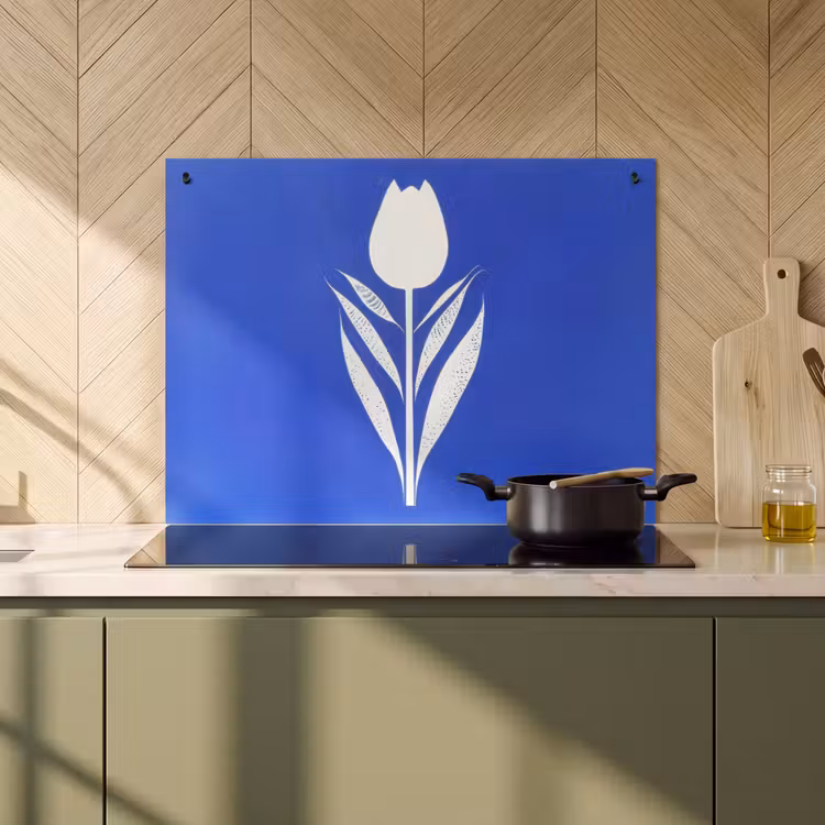 Inductie beschermer en spatscherm (2in1) - Tulp - Minimalistisch - Bladeren - Wit — 2