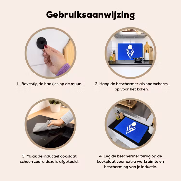Inductie beschermer en spatscherm (2in1) - Tulp - Minimalistisch - Bladeren - Wit — 6