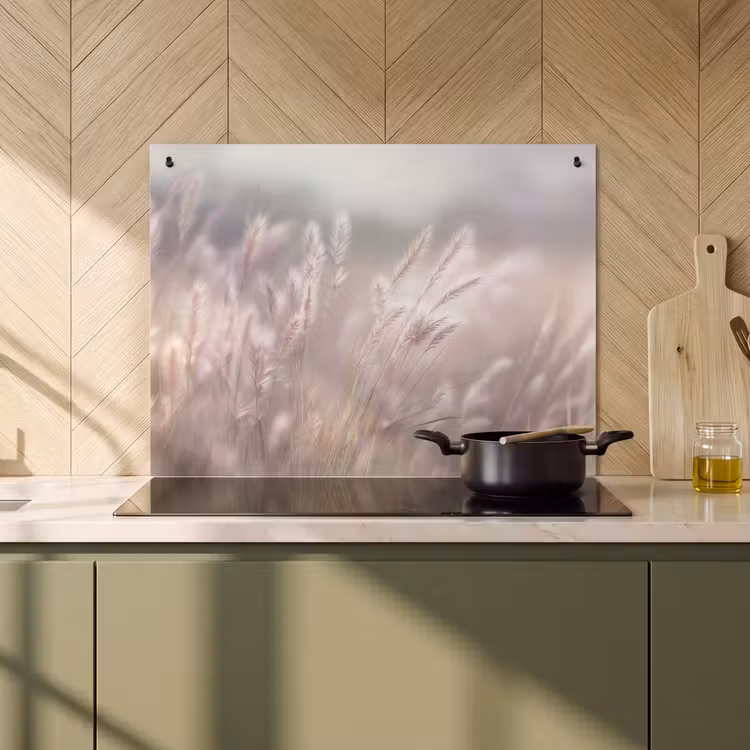 Inductie beschermer en spatscherm (2in1) - Graspluimen - Wind - Beige - Mistig — 2