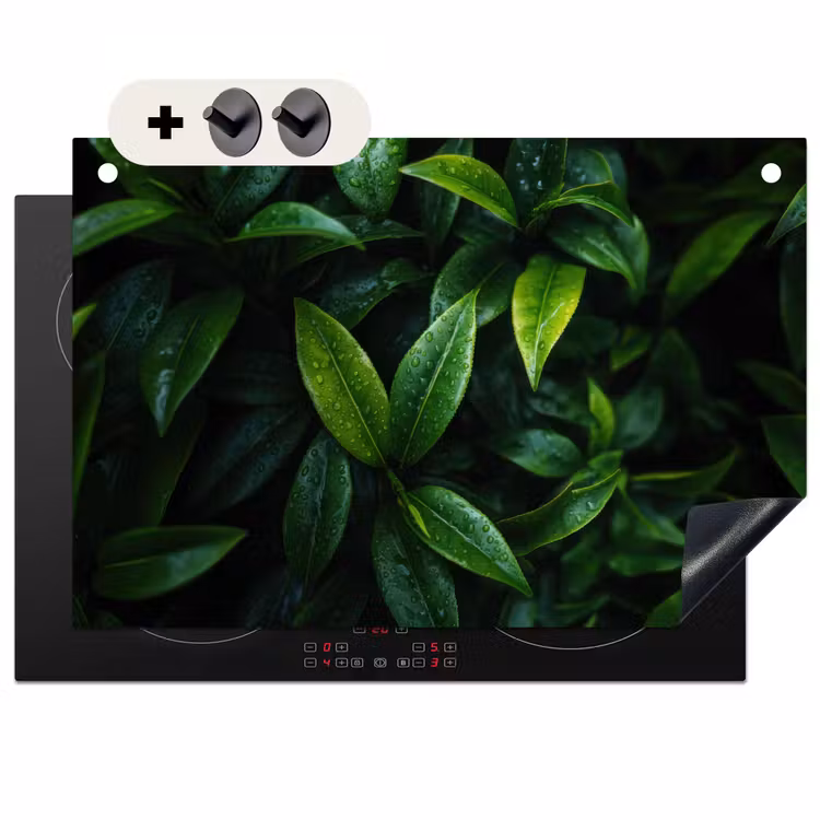 Inductie beschermer en spatscherm (2in1) - Bladeren - Regendruppels - Licht - Groen — 1