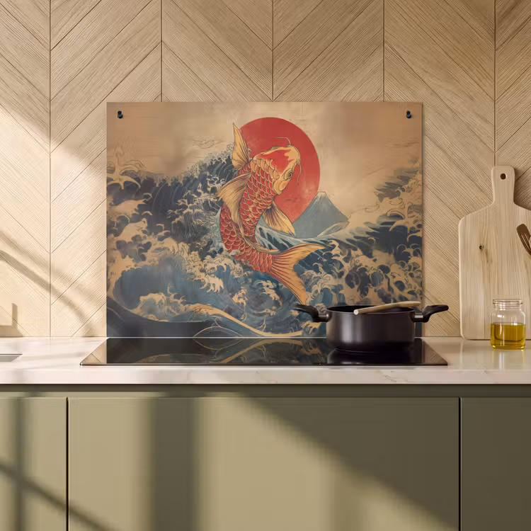 Inductie beschermer en spatscherm (2in1) - Koi - Zee - Golven - Zon — 2