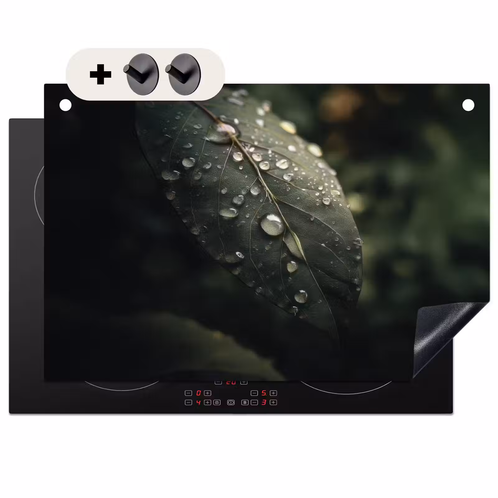 Inductie beschermer en spatscherm (2in1) - Blad - Groen - Nerven - Regendruppels — 1