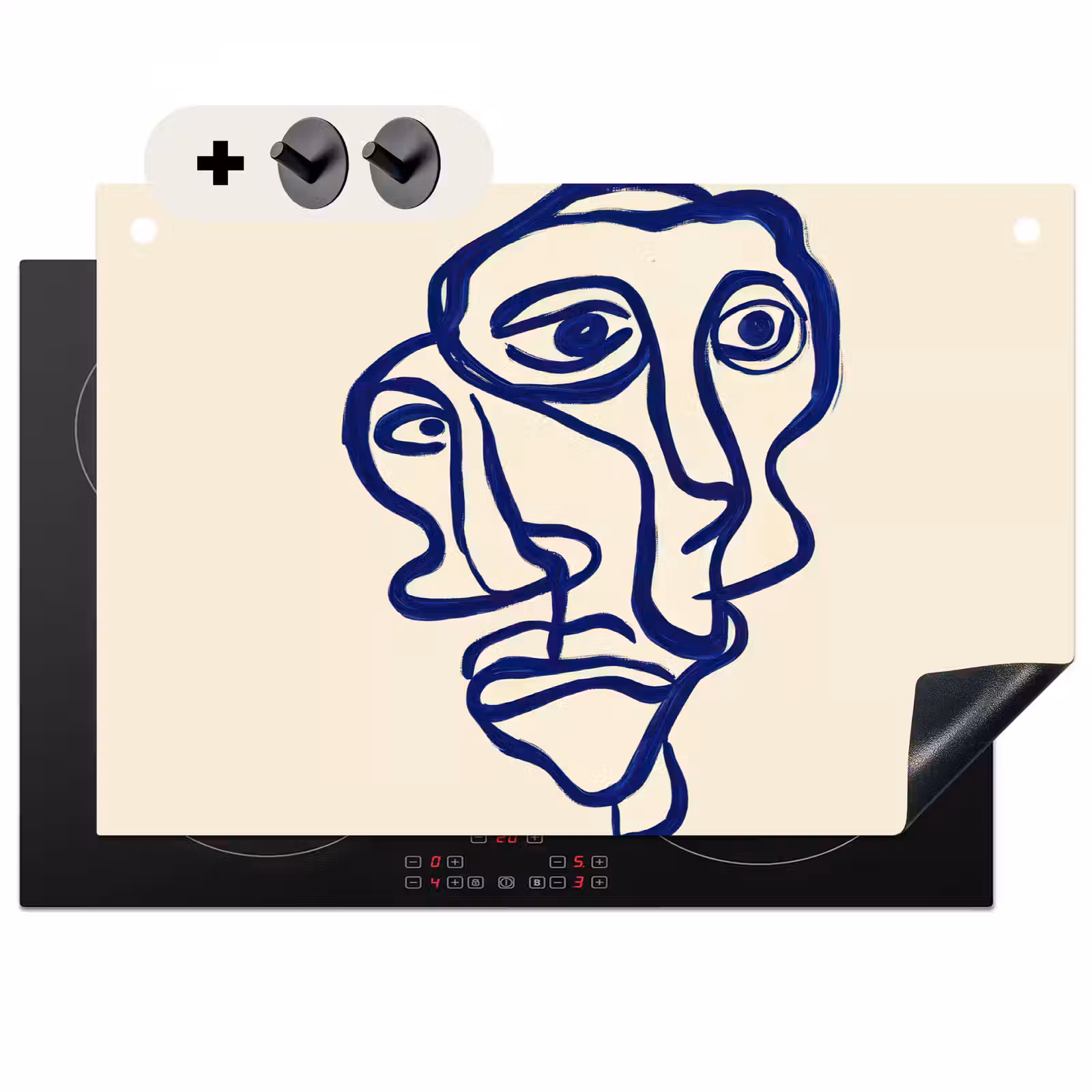 Inductie beschermer en spatscherm (2in1) - Lijntekening - Overlappende gezichten - Donkerblauw — 1