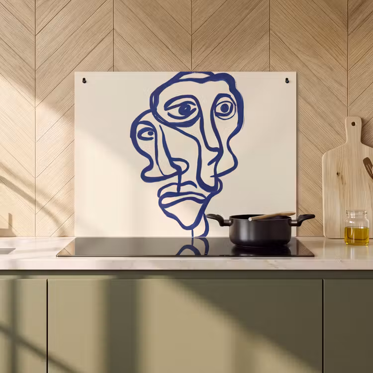 Inductie beschermer en spatscherm (2in1) - Lijntekening - Overlappende gezichten - Donkerblauw — 2