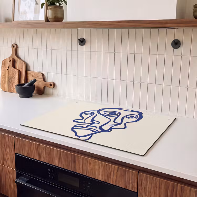 Inductie beschermer en spatscherm (2in1) - Lijntekening - Overlappende gezichten - Donkerblauw — 3