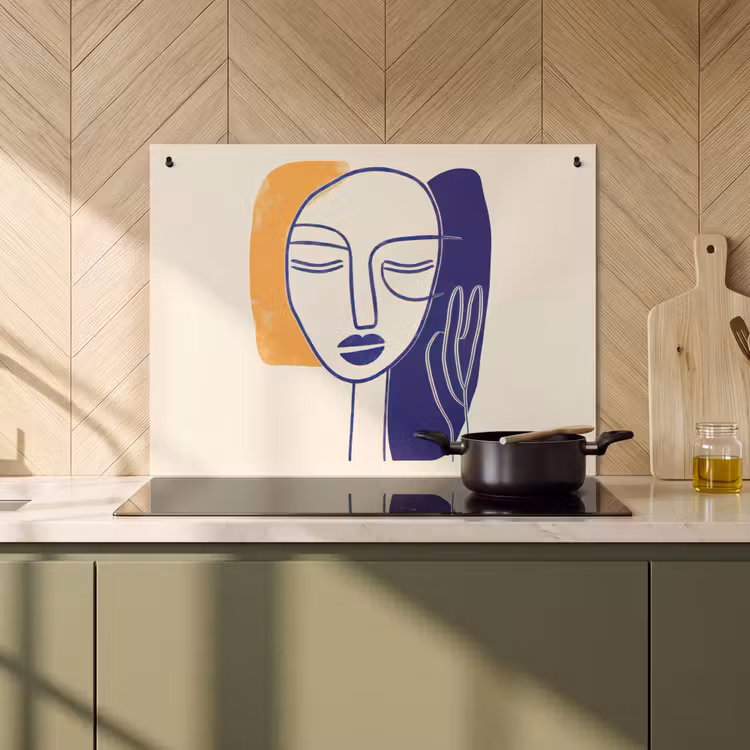 Inductie beschermer en spatscherm (2in1) - Minimalistisch - Gezicht - Hand - Oranje - Blauw — 2