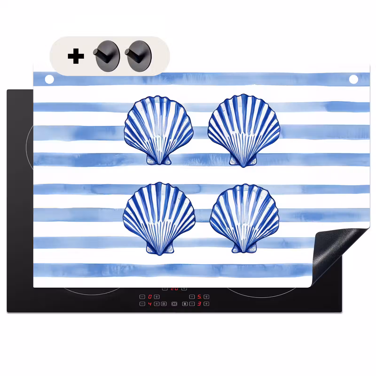 Inductie beschermer en spatscherm (2in1) - Vier schelpen - Blauw - Wit - Strepen — 1