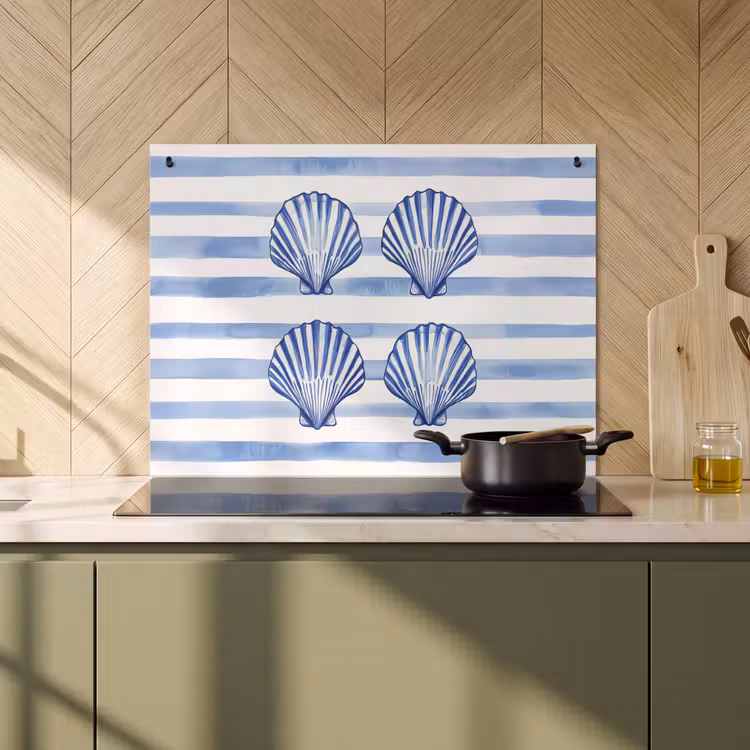 Inductie beschermer en spatscherm (2in1) - Vier schelpen - Blauw - Wit - Strepen — 2