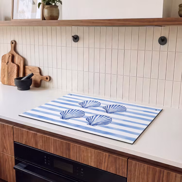 Inductie beschermer en spatscherm (2in1) - Vier schelpen - Blauw - Wit - Strepen — 3