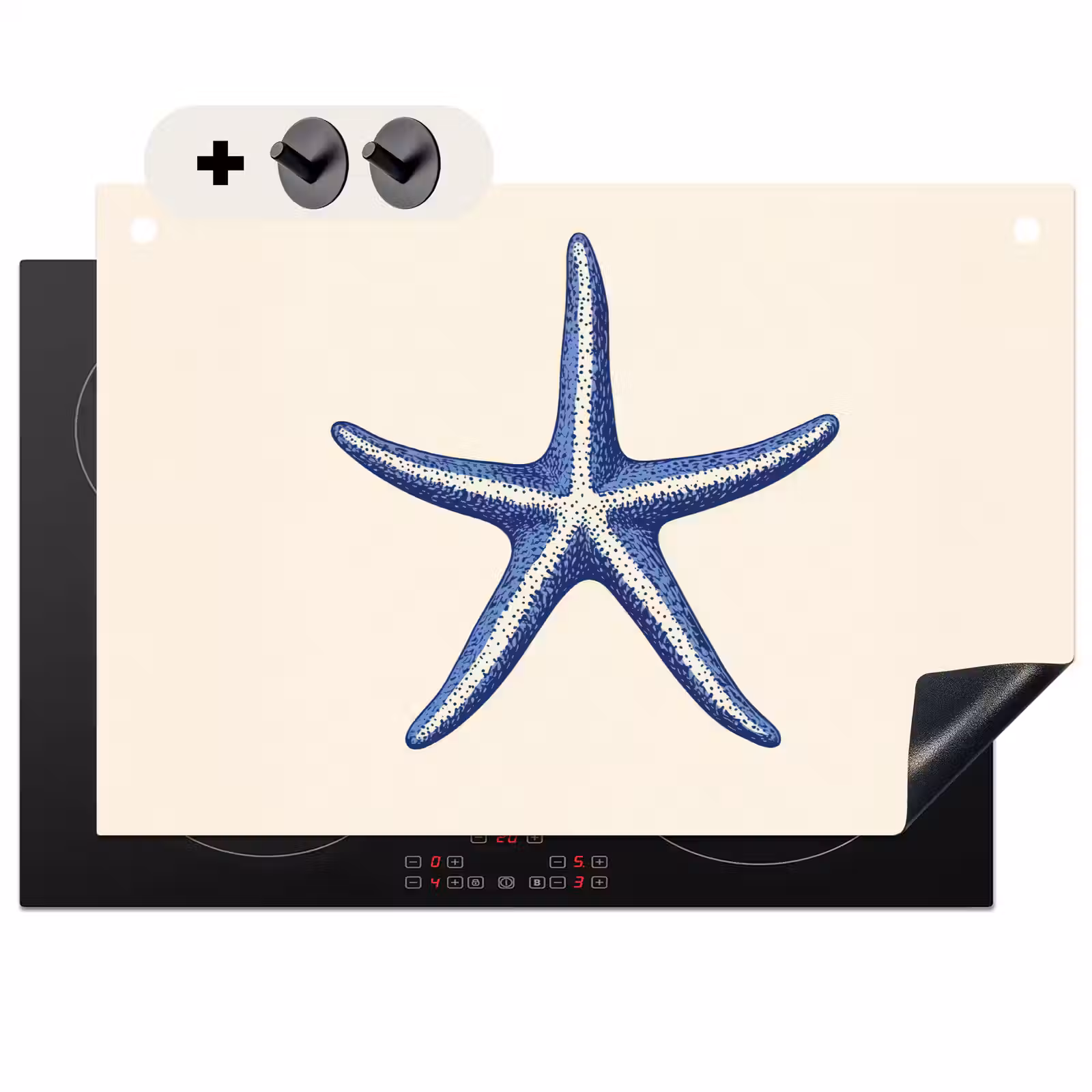 Inductie beschermer en spatscherm (2in1) - Blauwe zeester - Minimalistisch - Beige — 1