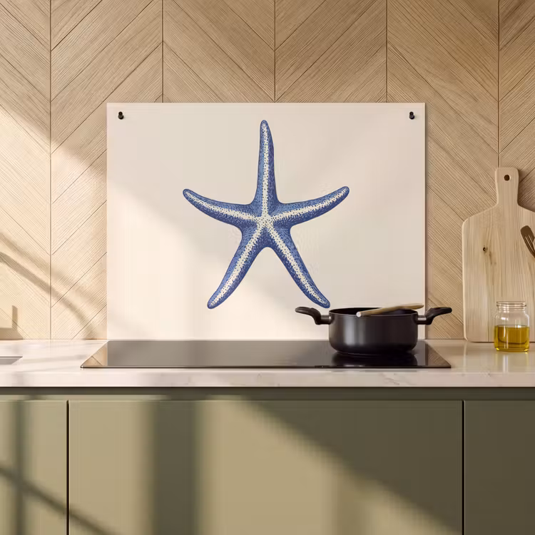 Inductie beschermer en spatscherm (2in1) - Blauwe zeester - Minimalistisch - Beige — 2