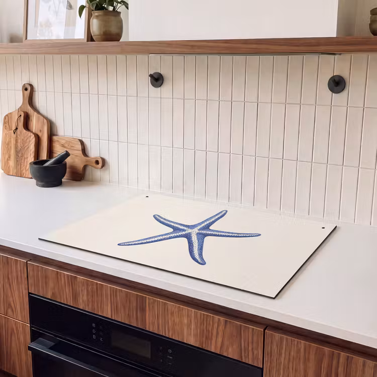 Inductie beschermer en spatscherm (2in1) - Blauwe zeester - Minimalistisch - Beige — 3