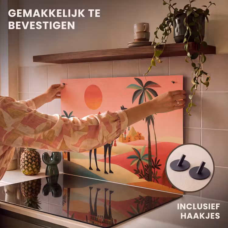 Inductie beschermer en spatscherm (2in1) - Kameel - Gekleurd tapijt - Duinen - Rode zon — 7