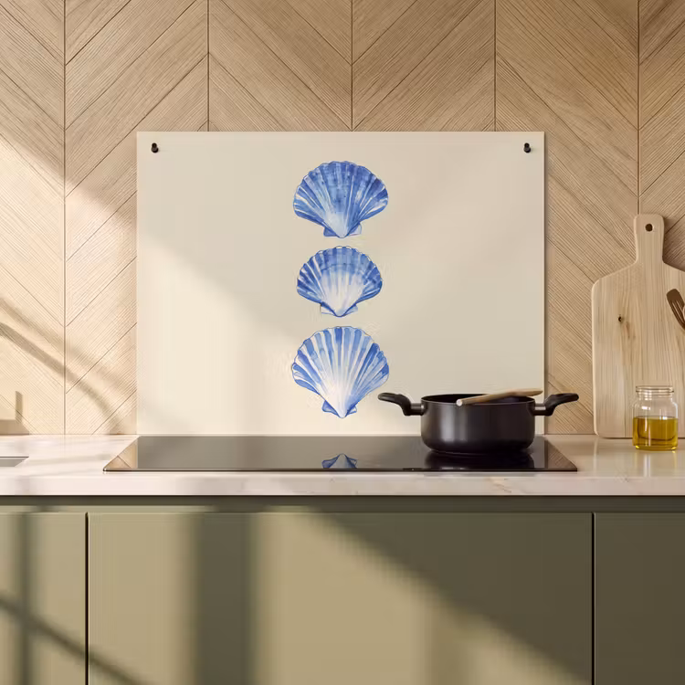 Inductie beschermer en spatscherm (2in1) - Schelpen - Blauw - Beige — 2